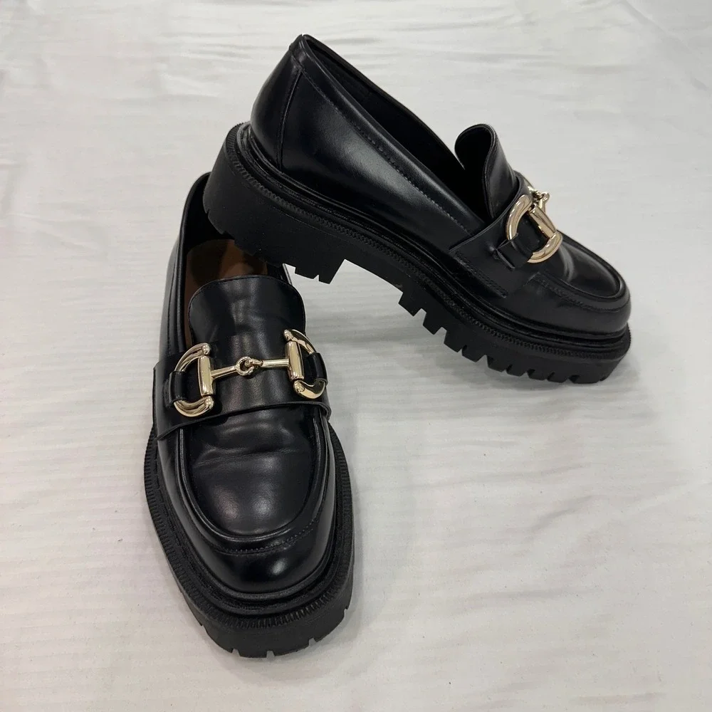H&M Horsebit Chunky Lug Sole‎ Loafers Womens Size 38 Black Gold Y2K Academia